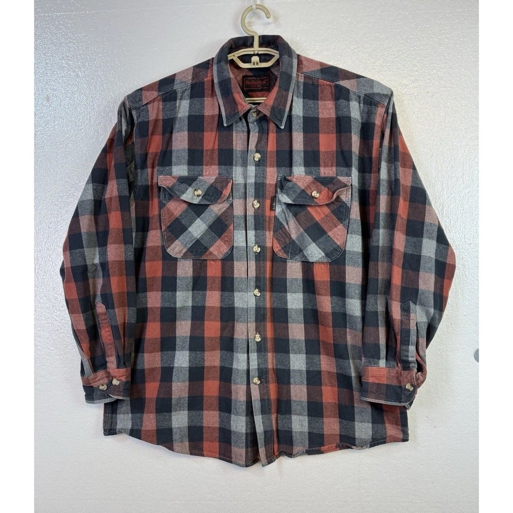 VTG 5 Five Brother Heavy Flannel Shirt Sz XL Plaid Red Gray Button Up Cotton
